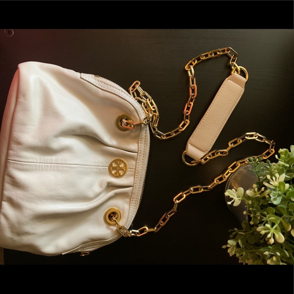 Tory Burch Cream Leather Crossbody with Gold Chain Strap